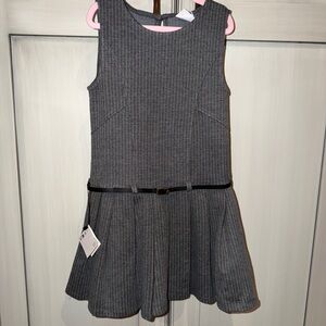 Zara Girls Gray Pinstripe Pleated Dress with Black Belt